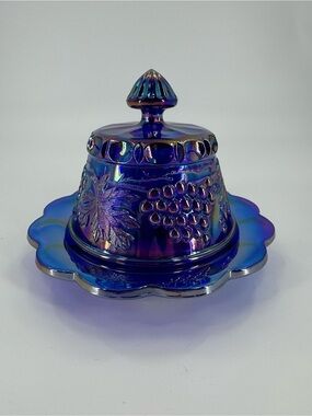 Vintage Mosser Blue Carnival Glass Grape and Cable Covered Butter Dish Lid Base
